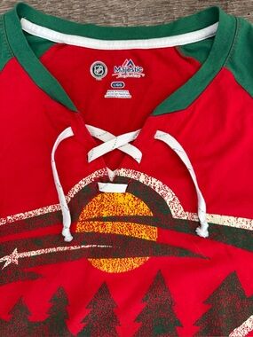 Majestic Women’s MN Wild Red Tee with Green Raglan Sleeves and Logo Patch